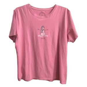Life is Good Women's Tee Shirt Size L Snowman Chill Short Sleeves Pink